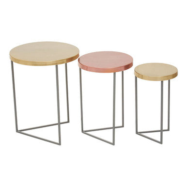 Set of 3 Nesting Side Tables with Warm Metallic Round Tops and Grey Metal Bases, Korba