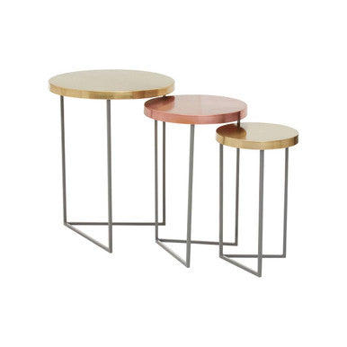 Set of 3 Nesting Side Tables with Warm Metallic Round Tops and Grey Metal Bases, Korba