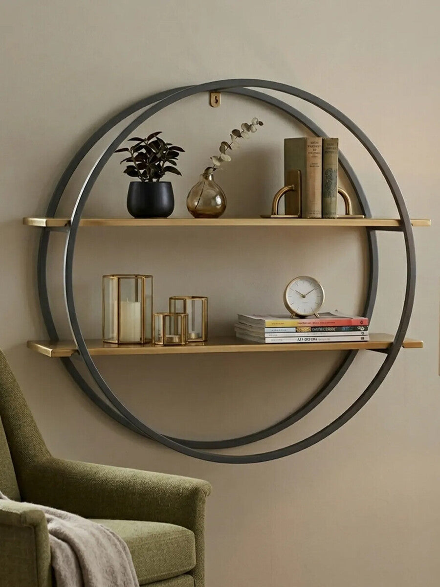Korba Matte Gold Finish and Grey 2 Tier Wall Shelf