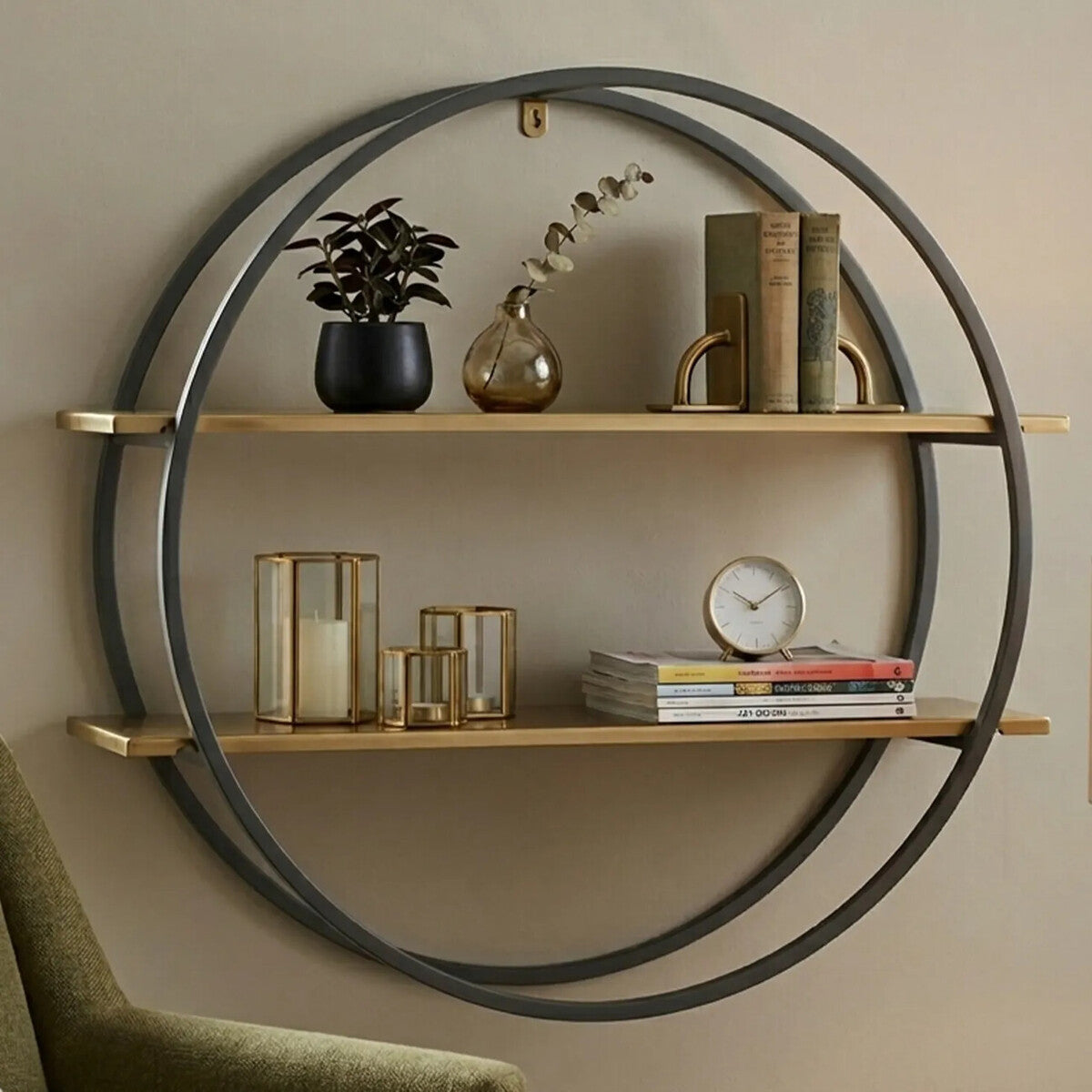 Korba Matte Gold Finish and Grey 2 Tier Wall Shelf