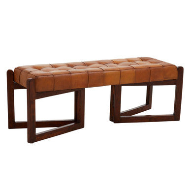 Inca Brown Leather Bench With Wooden Base