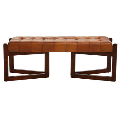 Inca Brown Leather Bench With Wooden Base
