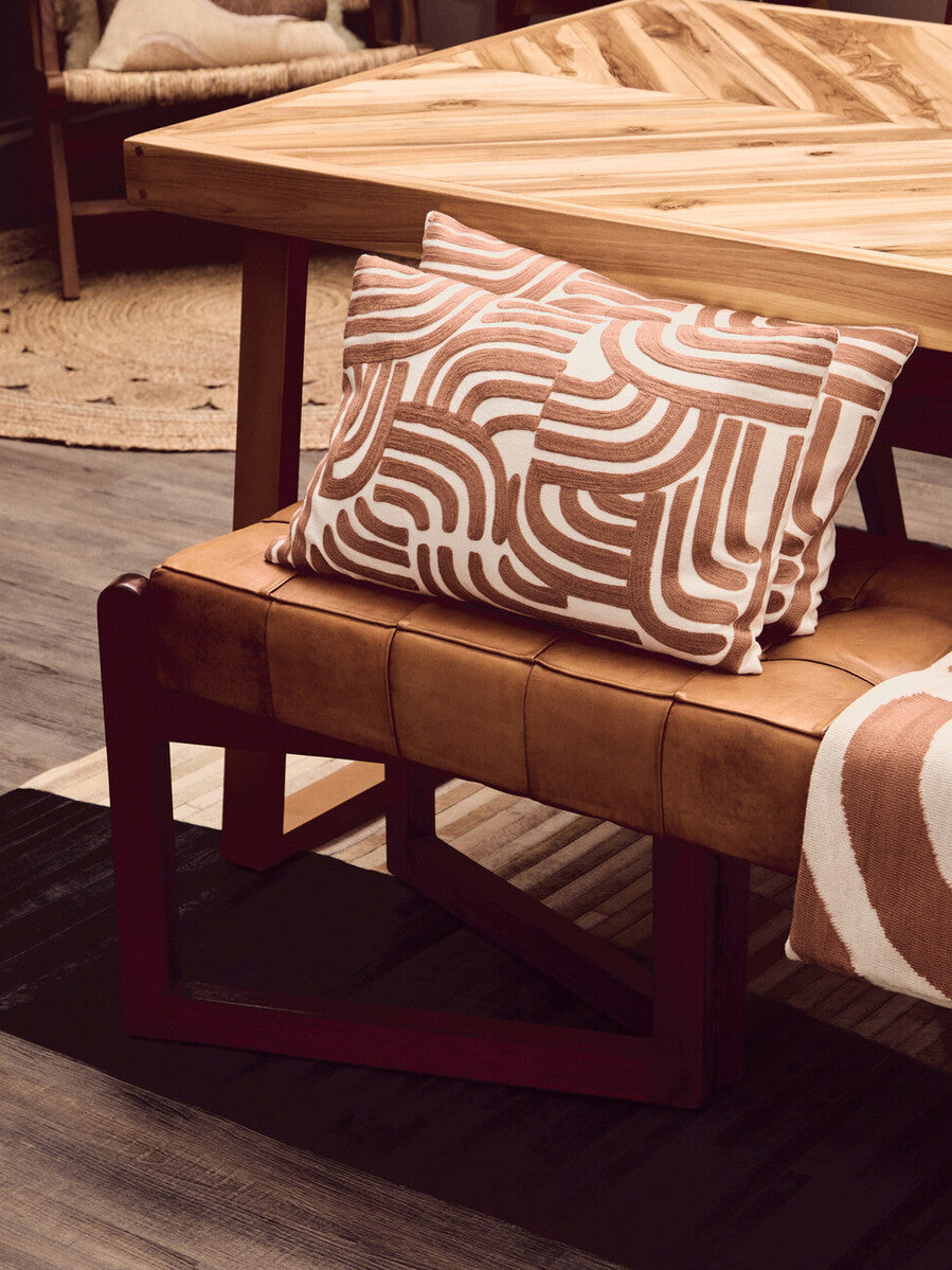 Inca Brown Leather Bench With Wooden Base