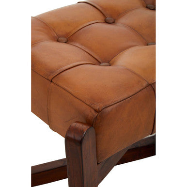 Inca Brown Leather Bench With Wooden Base