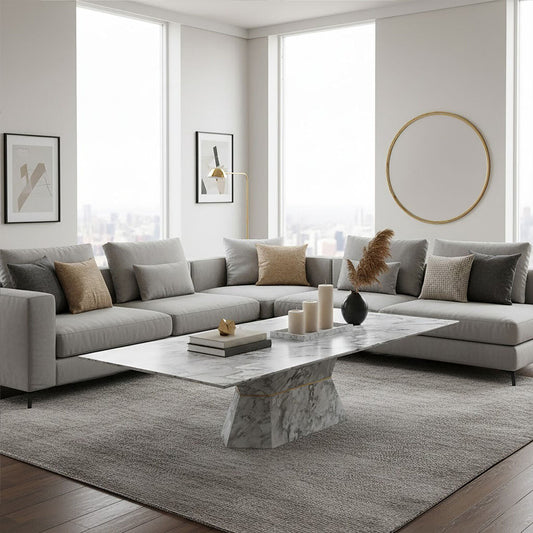 Grey Marble Coffee Table with Geometric Multifaceted Base and Natural Veining, Spezia