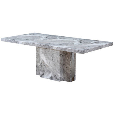 Grey Marble Top Dining Table with Pedestal Base and Stainless Steel Silver Trim, Saronno