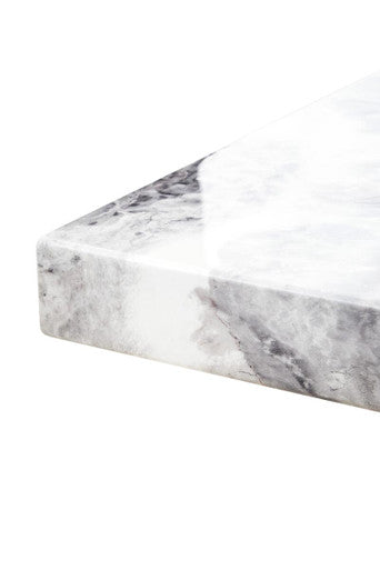 Grey Marble Top Dining Table with Pedestal Base and Stainless Steel Silver Trim, Saronno