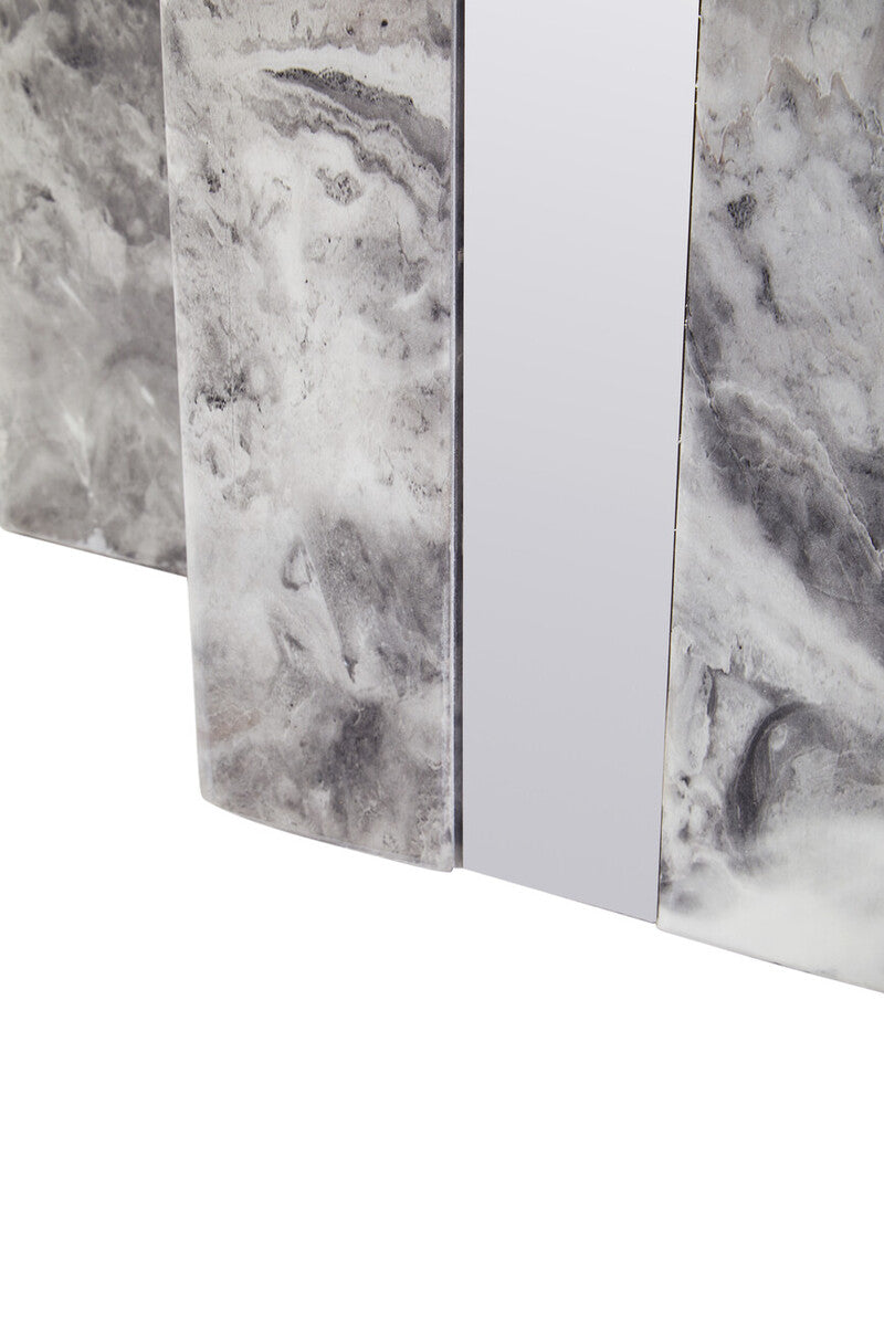 Grey Marble Top Coffee Table with Pedestal Base and Silver Metal Trim, Saronno