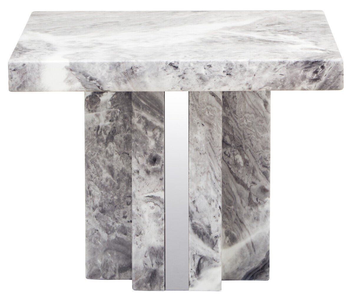 Grey Marble Top Side Table with Pedestal Base and Silver Stainless Steel Detailing, Saronno