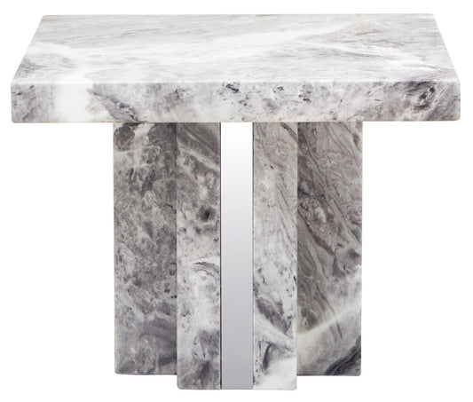 Grey Marble Top Side Table with Pedestal Base and Silver Stainless Steel Detailing, Saronno