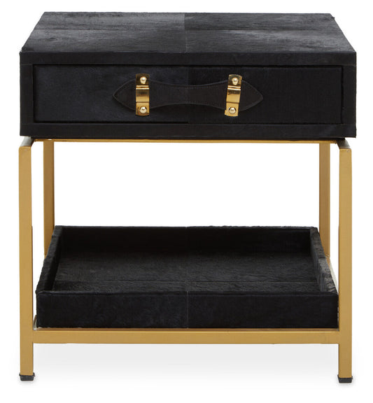 Black Hair-On-Hide Leather Bedside Table with Gold Metal Frame and 1 Drawer | Kensington Townhouse
