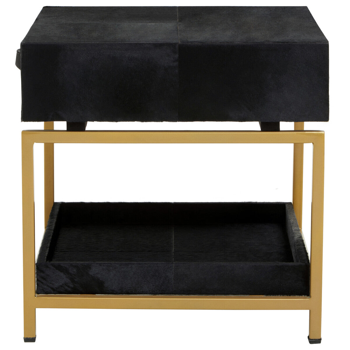 Black Hair-On-Hide Leather Bedside Table with Gold Metal Frame and 1 Drawer, Kensington Townhouse