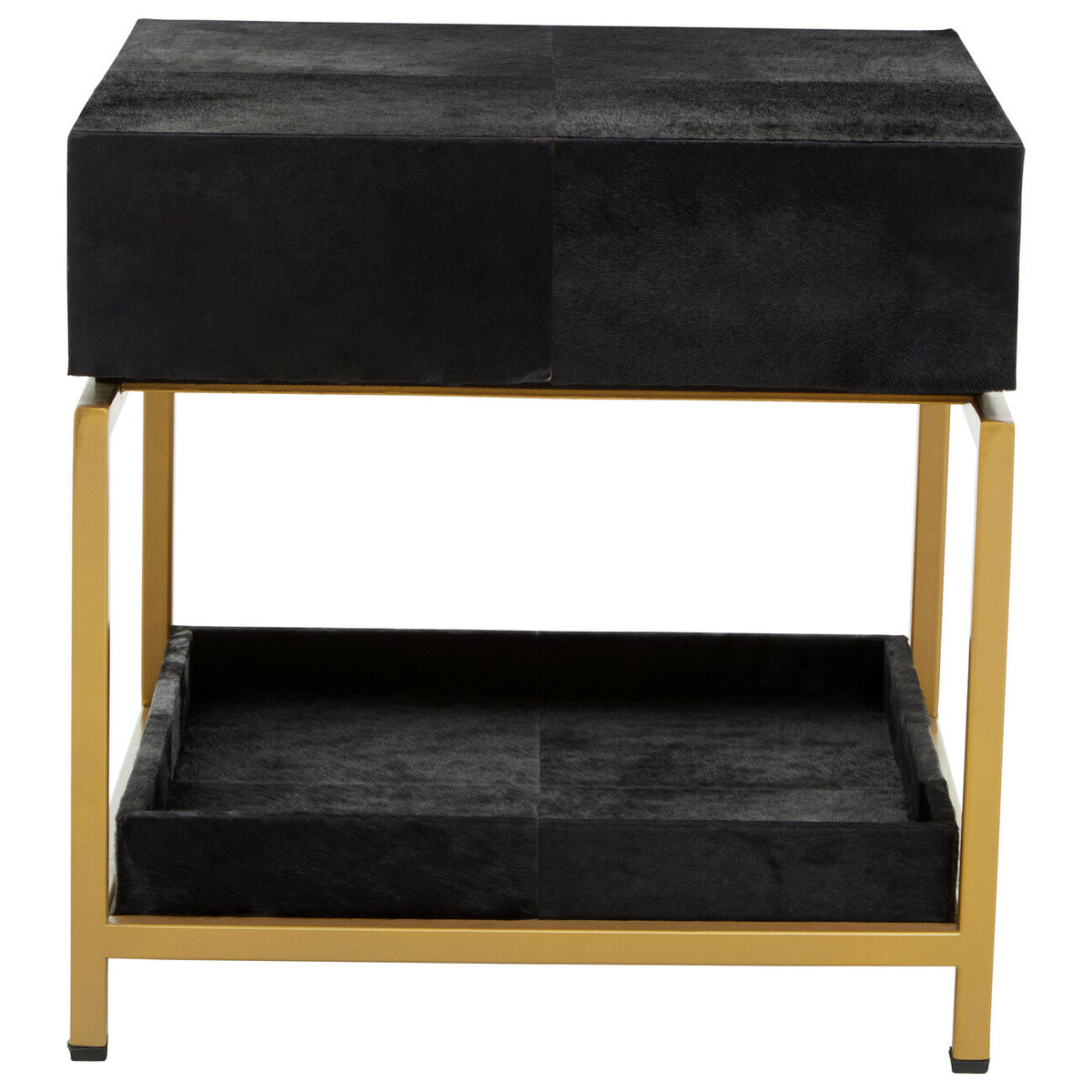 Black Hair-On-Hide Leather Bedside Table with Gold Metal Frame and 1 Drawer, Kensington Townhouse
