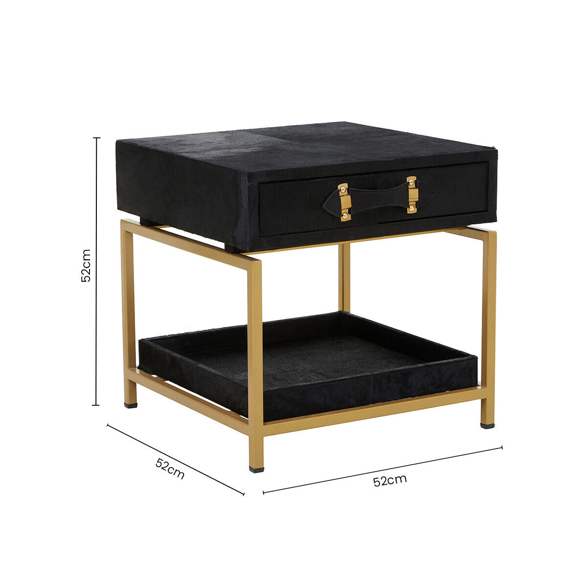 Black Hair-On-Hide Leather Bedside Table with Gold Metal Frame and 1 Drawer, Kensington Townhouse