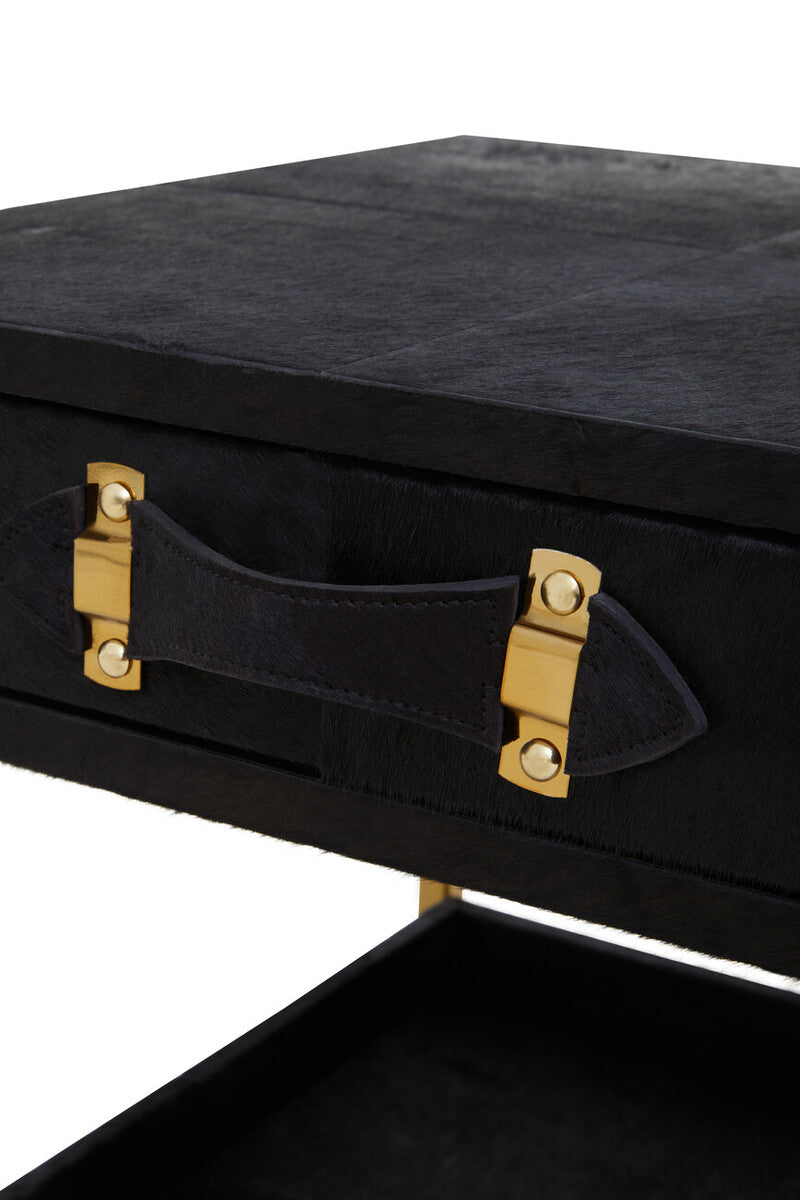 Black Hair-On-Hide Leather Bedside Table with Gold Metal Frame and 1 Drawer, Kensington Townhouse