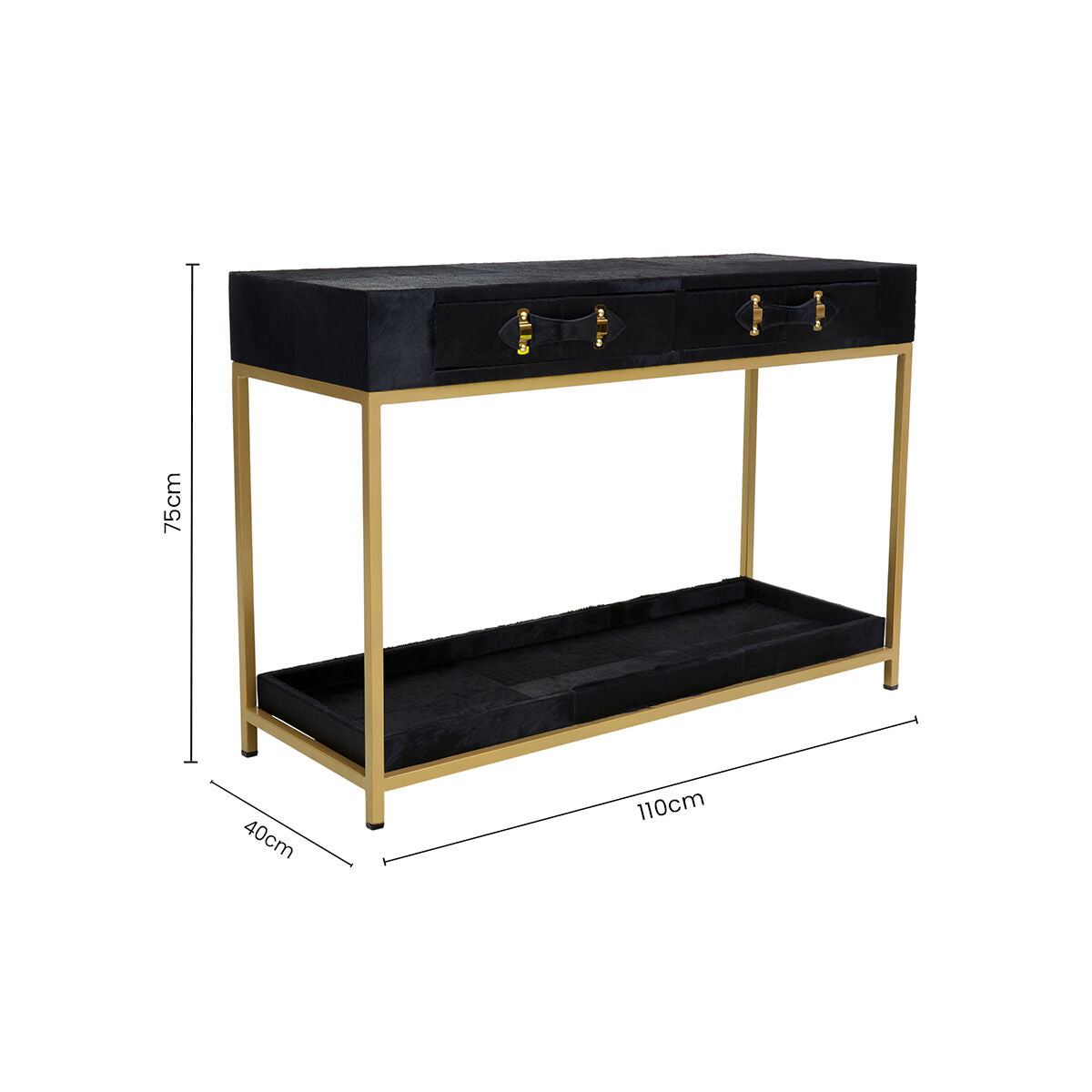 Black Hair-On-Leather 2-Drawer Console Table with Gold-Finished Metal Frame, Kensington Townhouse