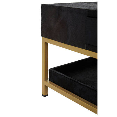 Black Hair-On-Hide Leather Coffee Table with Gold Metal Frame and Storage Drawer, Kensington Townhouse