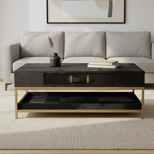 Black Hair-On-Hide Leather Coffee Table with Gold Metal Frame and Storage Drawer | Kensington Townhouse