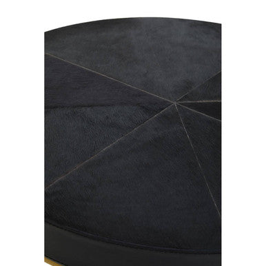Black Hair-On-Hide Leather Round Top Side Table with Geometric Gold Metal Frame, Kensington Townhouse