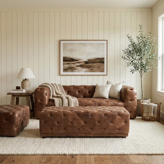 Brown Leather Rectangle Chesterfield Ottoman, Hoxton