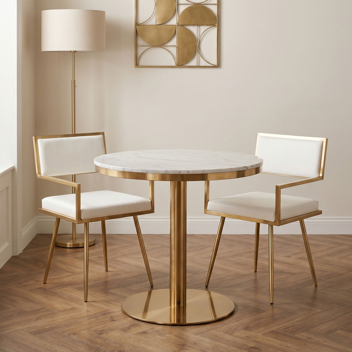 Azalea White Marble Round Dining Table with Gold Finish Base