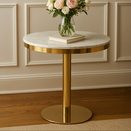 White Marble Round Top Dining Table with Luxe Gold Finish Pedestal Base | Azalea