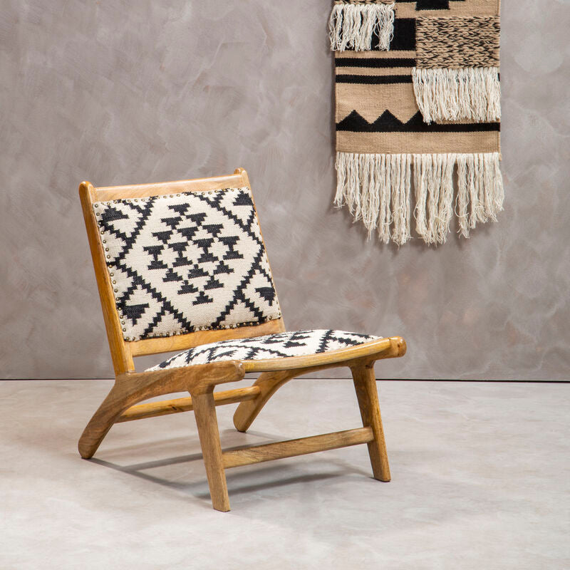 Cefena Black and White Berber Style Lounge Chair with Mango Wood Frame