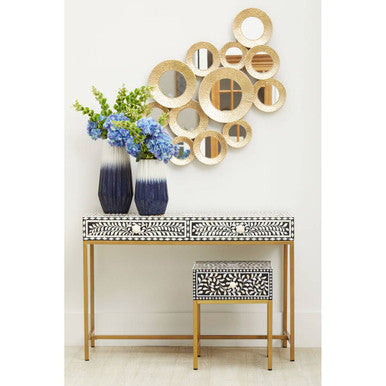 Black Wood Inlay 1-Drawer Side Table with Floral Handle and Gold Metal Finish Base, Fusion