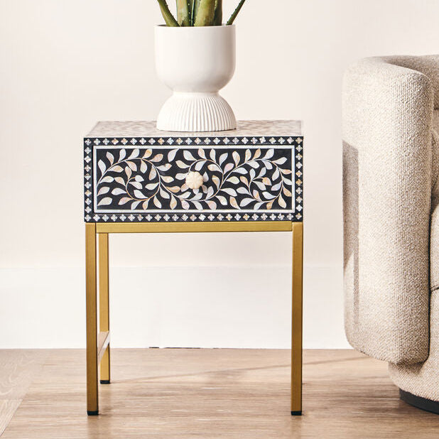 Black Wood Inlay 1-Drawer Side Table with Floral Handle and Gold Metal Finish Base, Fusion