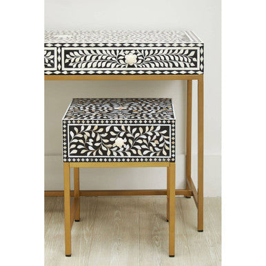 Black and White Floral Bone Inlay Console Table with 2 Storage Drawers and Gold Metal Base, Fusion