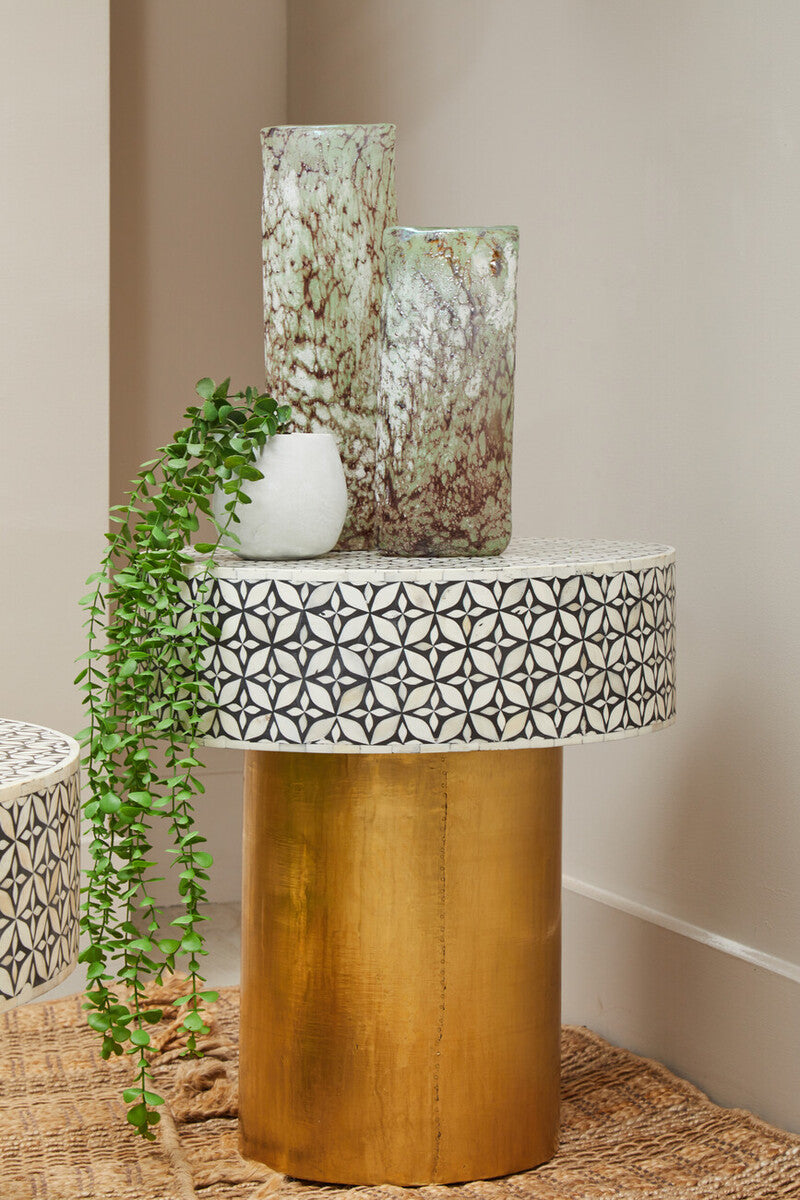 Black Round Side Table with White Bone Inlay Floral Design and Gold Metal Base | Fusion