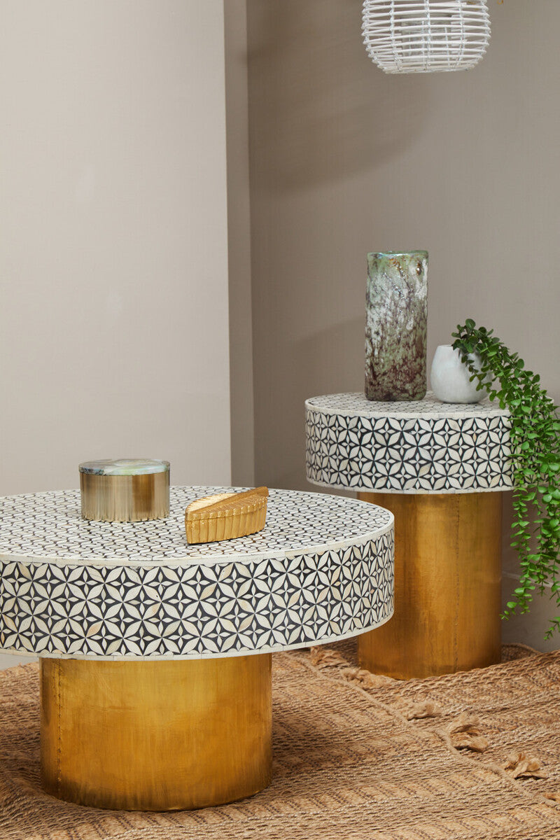 Black Round Side Table with White Bone Inlay Floral Design and Gold Metal Base | Fusion