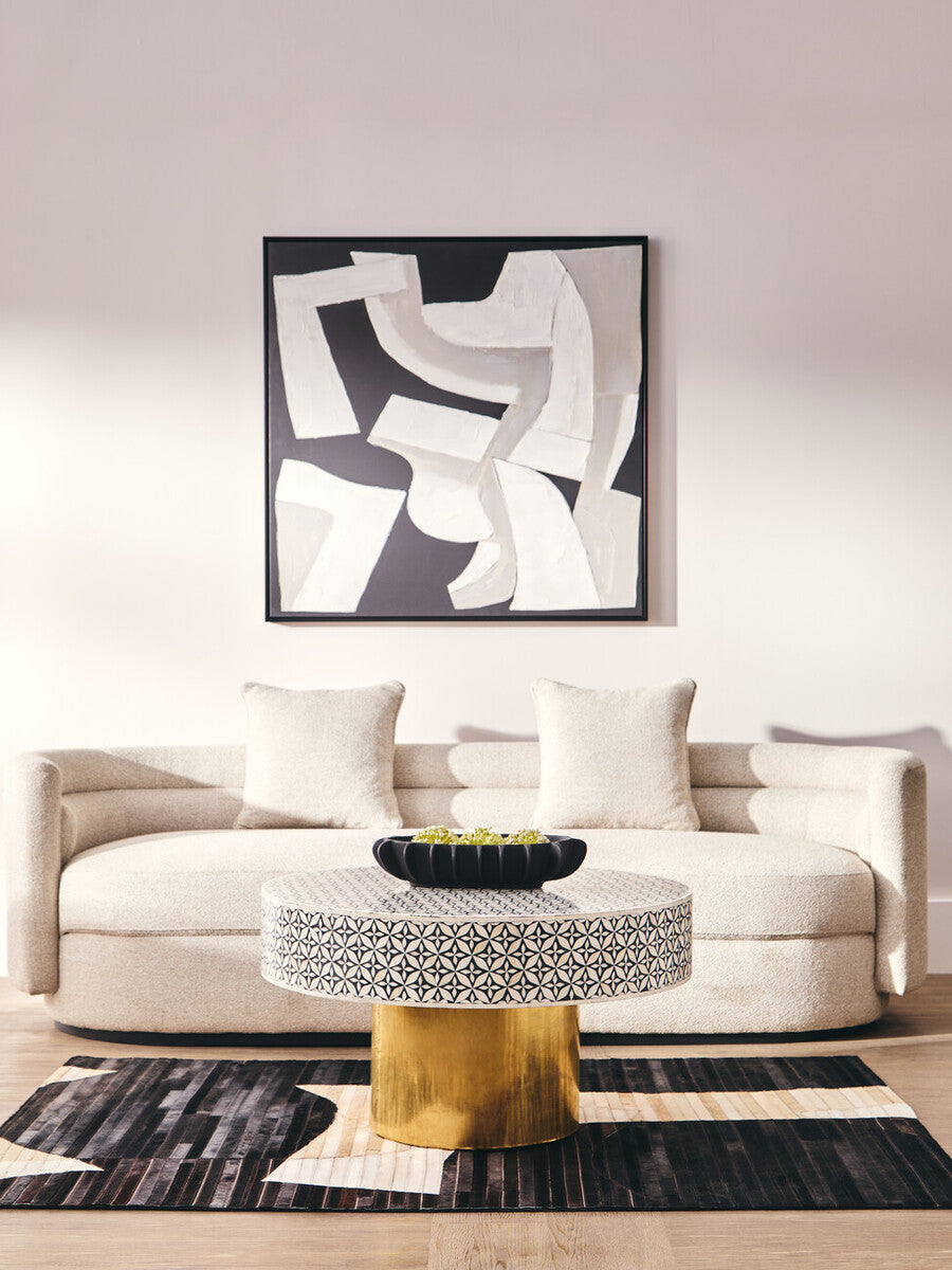 Black and White Round Geometric Bone Inlay Coffee Table with Gold Finish Base, Fusion