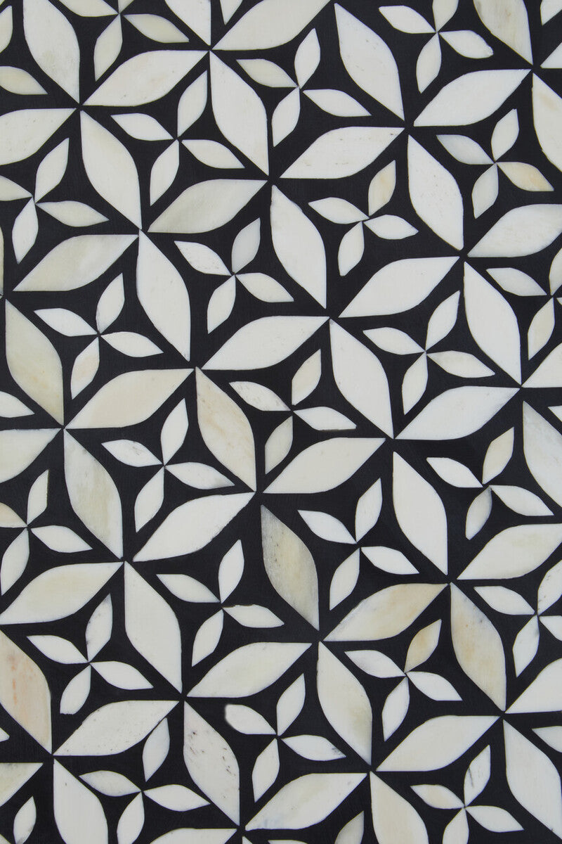 Black and White Round Geometric Bone Inlay Coffee Table with Gold Finish Base, Fusion