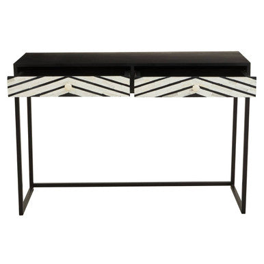 Black Wood 2-Drawer Console Table with Black and White Bone Inlay Chevron Fronts, Fusion