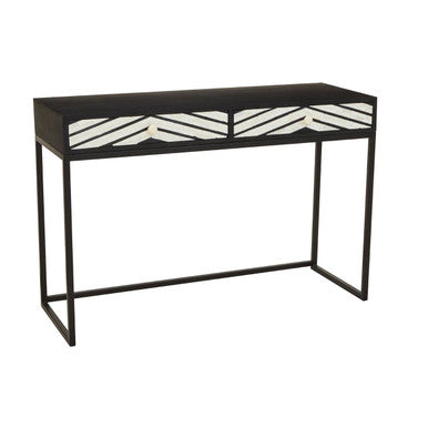 Black Wood 2-Drawer Console Table with Black and White Bone Inlay Chevron Fronts, Fusion