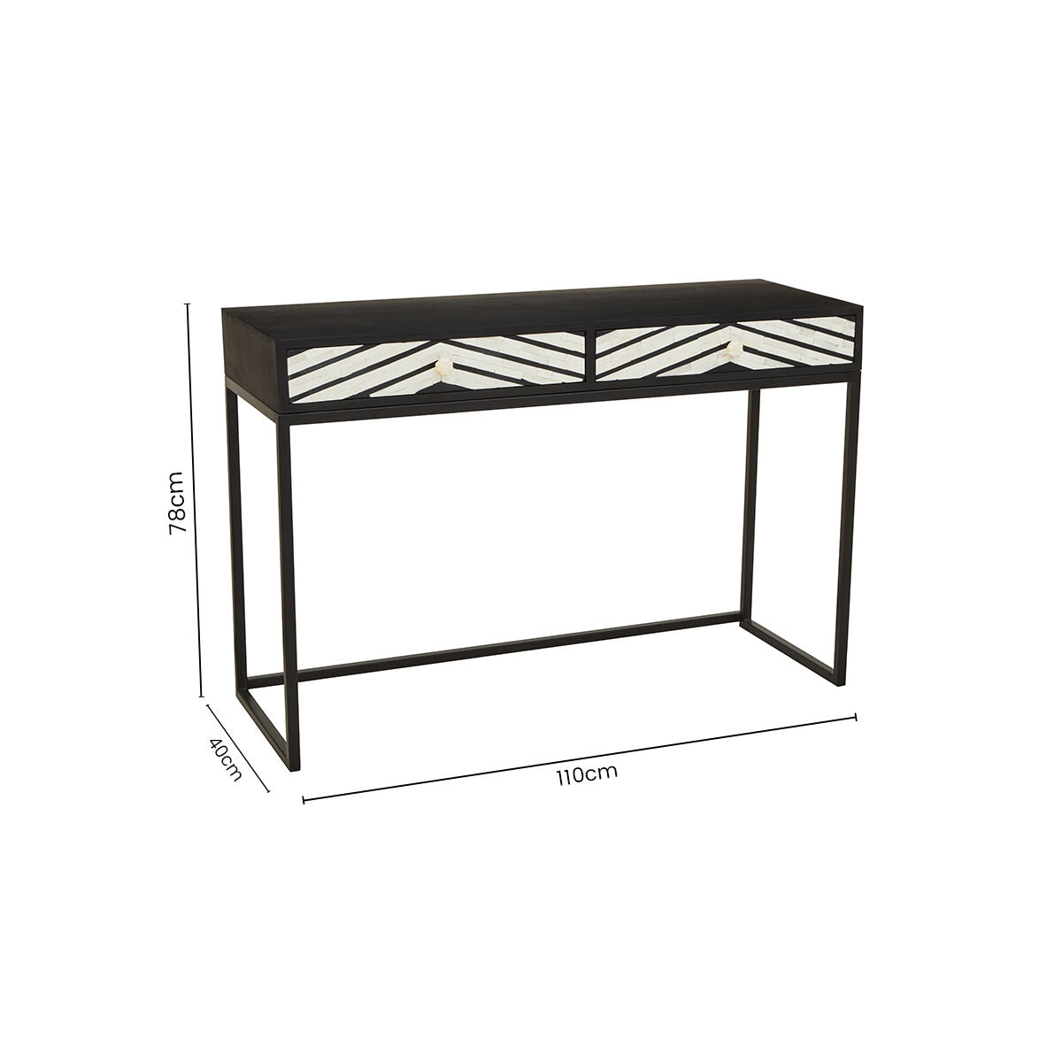 Black Wood 2-Drawer Console Table with Black and White Bone Inlay Chevron Fronts, Fusion