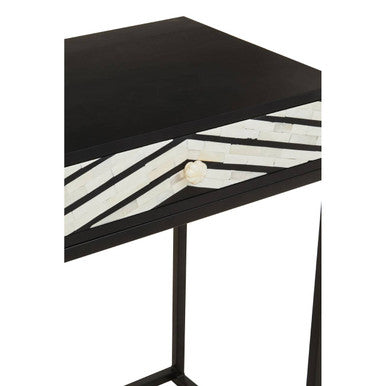 Black Wood 2-Drawer Console Table with Black and White Bone Inlay Chevron Fronts, Fusion