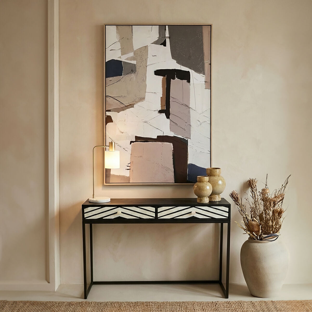 Black Wood 2-Drawer Console Table with Black and White Bone Inlay Chevron Fronts, Fusion