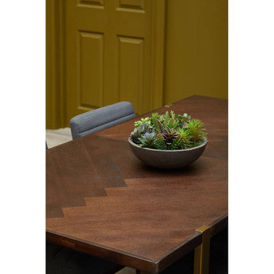 Grey Acacia Veneer Chevron Wood Rectangular Top Dining Table with Antique Brass Frame, Brando