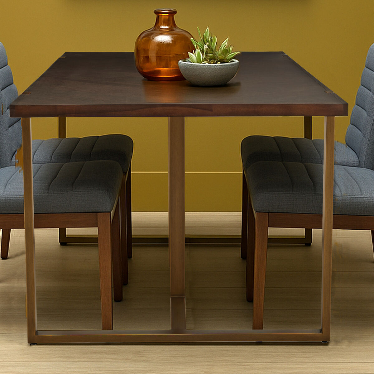 Grey Acacia Veneer Chevron Wood Rectangular Top Dining Table with Antique Brass Frame, Brando