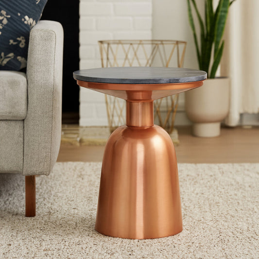 Black Marble Top Side Table with Chunky Copper Iron Base, Amira
