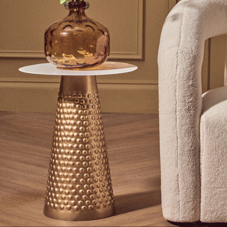 White Tabletop Side Table with Chunky Hammered Gold Base, Amira