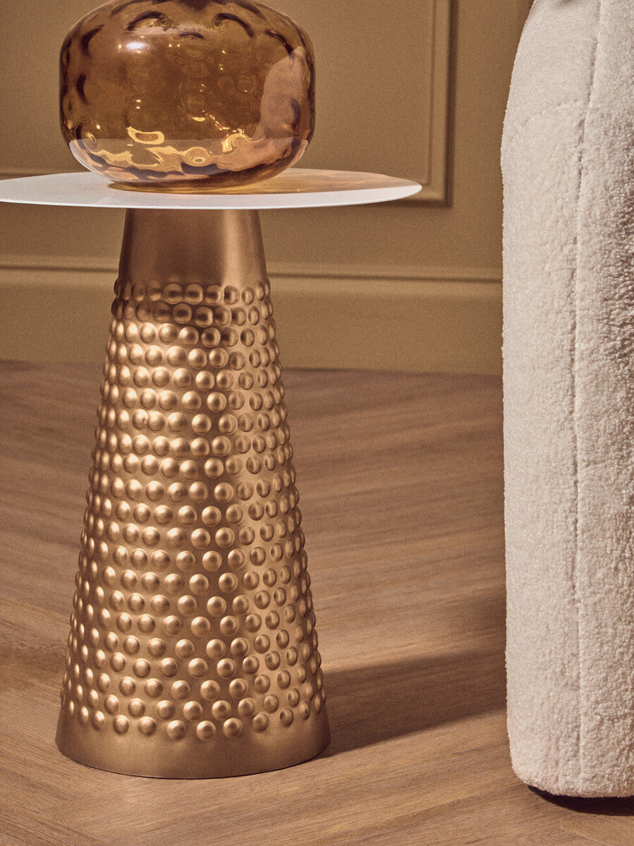 White Tabletop Side Table with Chunky Hammered Gold Base, Amira