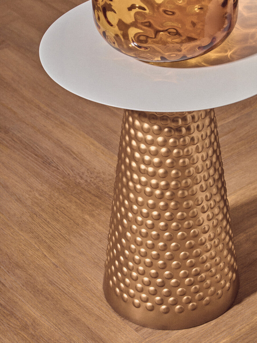 White Tabletop Side Table with Chunky Hammered Gold Base, Amira
