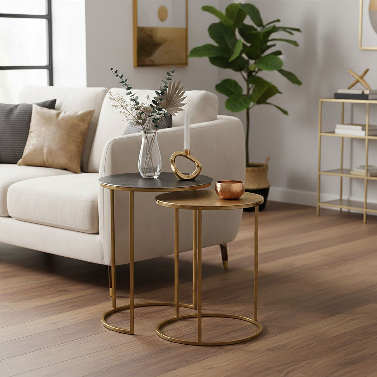 Nest of 2 Gold and Zinc Side Tables with Luxe Gold Steel Frames, Amira
