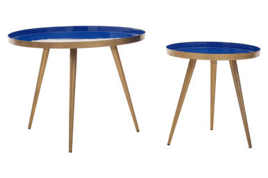 Blue Enamel Nest of Two Side Tables with Gold Finish Metal Frame, Amira