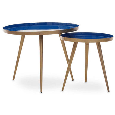 Blue Enamel Nest of Two Side Tables with Gold Finish Metal Frame, Amira