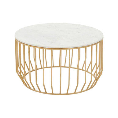 White Marble Top Coffee Table with Gold Finish Iron Cage Base, Pali
