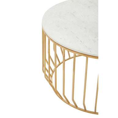 White Marble Top Coffee Table with Gold Finish Iron Cage Base, Pali